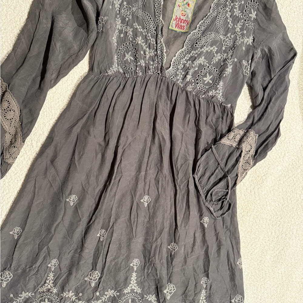 Johnny Was Gray Plunge Neck Bishop Sleeve Sundress